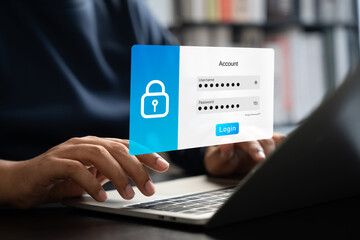 Cybersecurity protects login and secure internet access, Man secure data on laptop with encryption and network protection. Secure login and digital privacy, Business confidentiality.