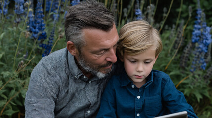Fototapeta premium Father and son using tablet outdoors.