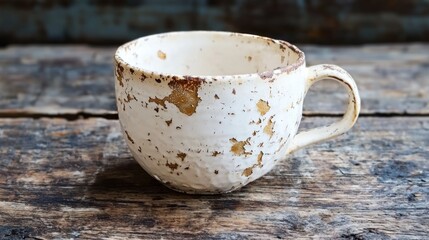 A chipped coffee cup on a rustic wooden table, symbolizing the aesthetic of imperfection in daily life
