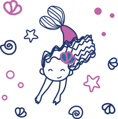 Cute little mermaid girl in coral tiara playing with her tail colored outlined for coloring page on a white background