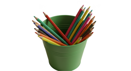 Isolated Still Life Colored Pencils in Green Bucket Transparent