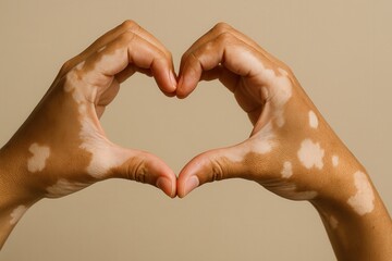 Hands with vitiligo forming a heart shape on beige background. Symbol of self-love, diversity