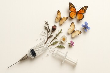 Broken syringe with wildflowers and butterflies emerging