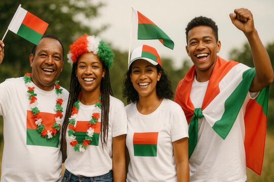 Group of happy people wearing Madagascar-themed outfits and waving flags