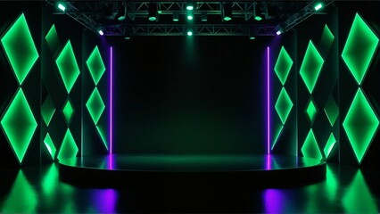 Dark stage with green and purple neon lights