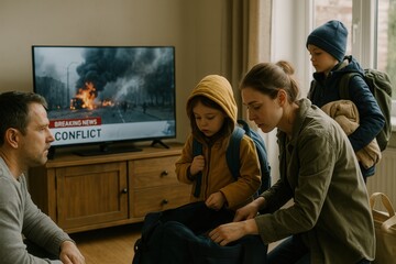 Family preparing to evacuate as TV broadcasts breaking news of armed conflict