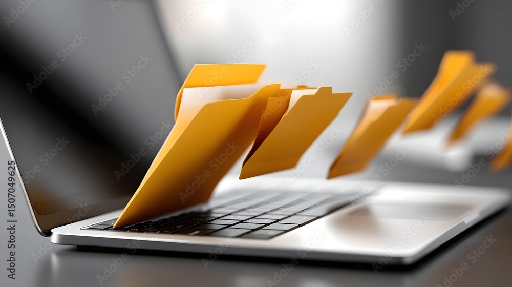 Poster virtual file folders floating above a laptop screen