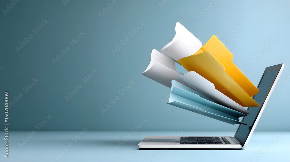 Poster virtual file folders floating from a laptop screen