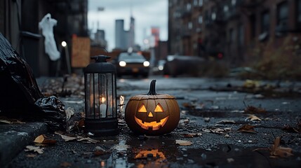 Halloween pumpkin on city street, dark autumnal scene