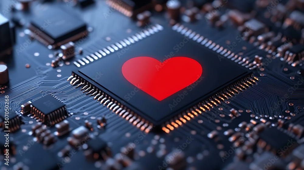 Poster heart cpu: a close-up shows a red heart symbol on a cpu, symbolizing love for technology and innovat