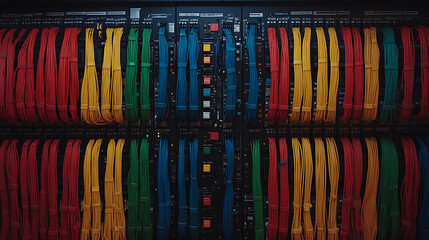 Colorful network cables connected to a server rack. Organized communication and connectivity symbolized by the structured arrangement of wires in data center.