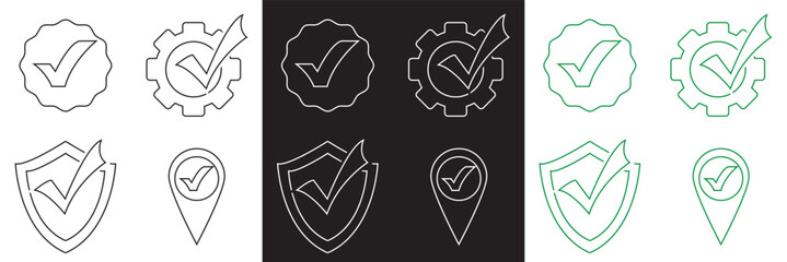 Check Mark icon set.  Green, white and black check mark icon. Tick symbol. Correct vote choice symbol. Isolated on white and black background. Vector illustration.  EPS 10