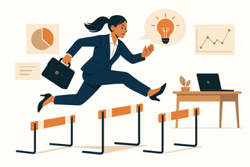 Businesswoman overcoming obstacles hurdles challenges achieving success breakthrough goal. Leadership innovation career growth determination motivation office business environment vector illustration