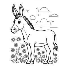 A black and white donkey illustration line art of a coloring page
