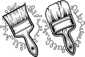 Two Isolated Paintbrushes With Drips In Bold Black And White Outline On White Background