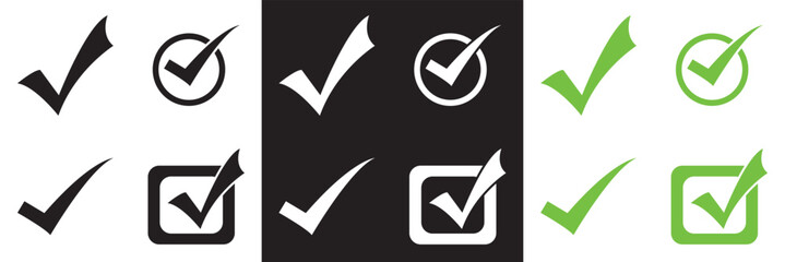 Check Mark icon set.  Green, white and black check mark icon. Tick symbol. Correct vote choice symbol. Isolated on white and black background. Vector illustration.  EPS 10