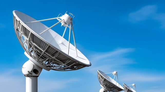 Radar satellite dishes against a clear blue sky. long_title:Towering parabolic radar satellite dishes stand prominently against a vibrant blue