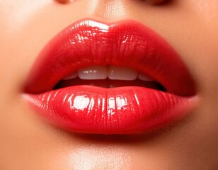 Fototapeta premium High-detail view of shiny oil applied to lips — macro gloss.