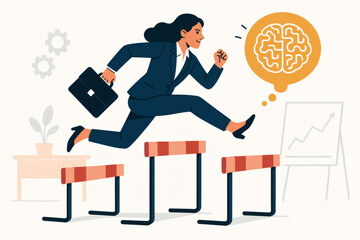 Businesswoman jumping over hurdles obstacles overcoming business challenges breakthrough success achievement career growth leadership professional development problem solving