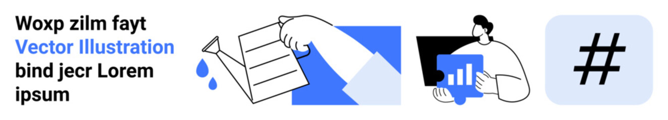 Open folder with paper, bar chart on monitor, metadata tag symbol. Ideal for business, data analytics, marketing, digital work, content trends, office solutions simple landing page