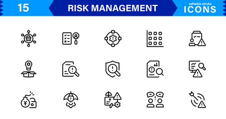 Professional Risk Management Icons Covering Danger, Planning, Assessment, Caution, and Prevention Concepts with a Minimal Clean Design