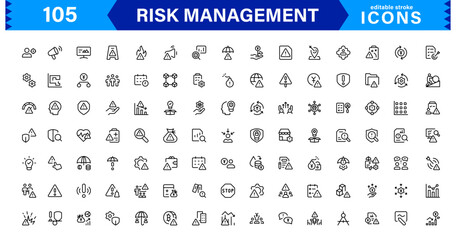 Professional Risk Management Icons Covering Danger, Planning, Assessment, Caution, and Prevention Concepts with a Minimal Clean Design
