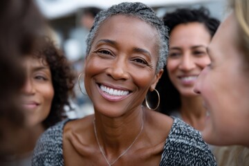 Fototapeta premium A joyful woman smiles broadly amidst friends, captured in a moment of celebration and connection, highlighting the importance of friendship and support among women.