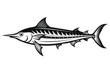 Stylized Black and White Illustration of a Swordfish with Prominent Dorsal Fin and Tail