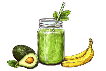 Green smoothie in mason jar with avocado and bananas isolated on transparent background