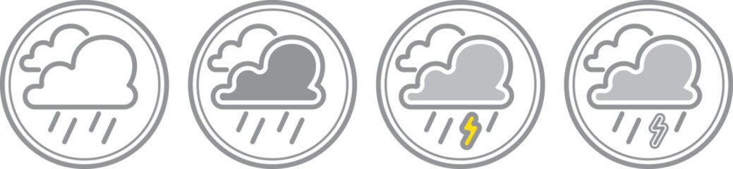 Four Rain icons in circle isolated on transparent background. Rain Icon in circle vector illustration. Rain with lightning with cloud shape in circle. Color rain solid icon.