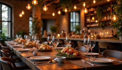 A long table is set with a variety of food and drinks, including wine glasses