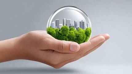 Futuristic green city growing within a hand-held globe