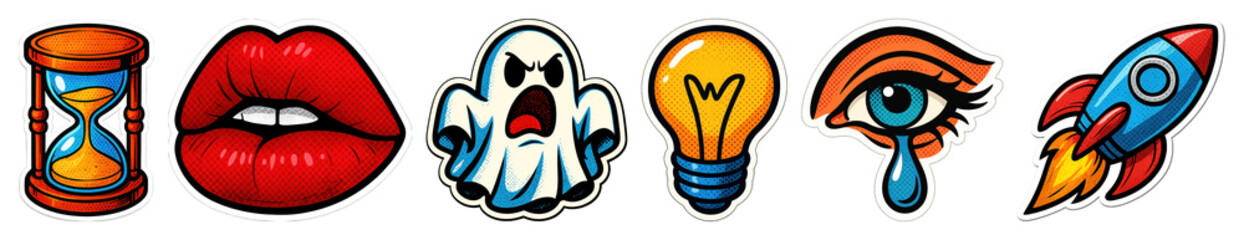 PNG Colorful cartoon sticker icons, element set on transparent background