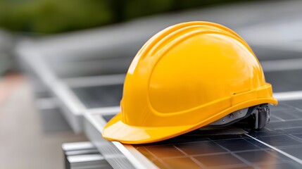 Yellow construction helmet resting on solar panel