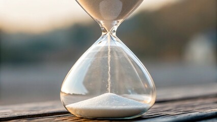 This detailed image features an "hourglass" with a significant amount of sand accumulated in the lower chamber, showing that "time is almost up"