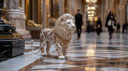 Ornate white lion statue in grand hall