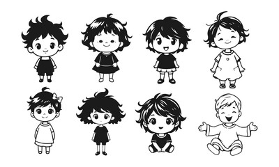 Cute kids faces set, cartoon children, emotional baby expressions, black white characters	