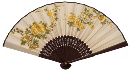 Isolated Transparent Background Image of an Elegant Gold and Beige Floral Fan