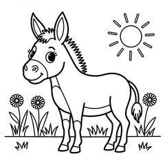 A black and white donkey illustration line art of a coloring page