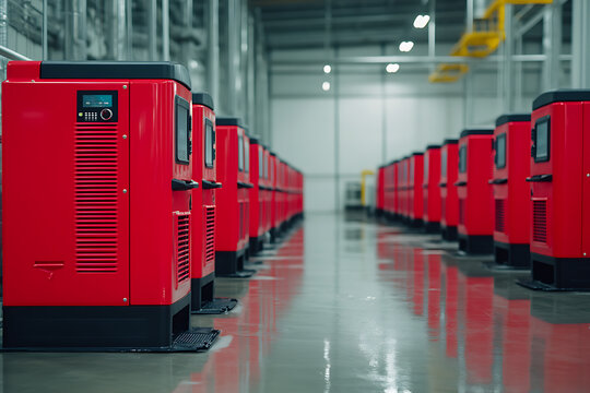Red industrial generators lined up in a warehouse setting. Electrical power support, alternative energy source, server room supply, distribution.