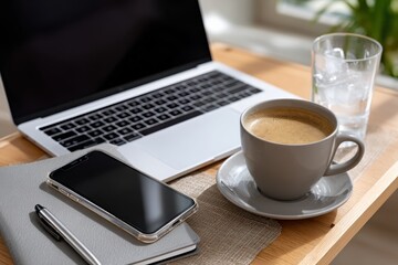 A stylish workspace features a laptop, coffee cup, and stationery, reflecting the productivity and creativity of a professional's home or office setup in an organized manner.