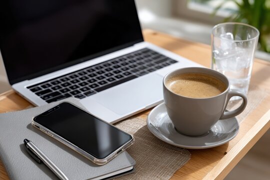 A stylish workspace features a laptop, coffee cup, and stationery, reflecting the productivity and creativity of a professional's home or office setup in an organized manner.