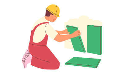 Male labourer, builder laying tiles in a flat. Repair concept