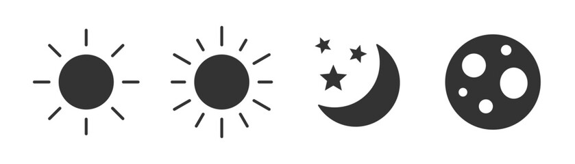 Sun and moon icon set. Day and night. Crescent moon sign and symbol. Vector illustration