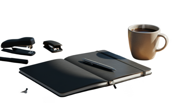 Illustration Notebook And Coffee Mug On Desk Transparent Background