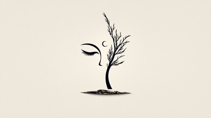 Peaceful face, intertwined with a stylized tree, serene