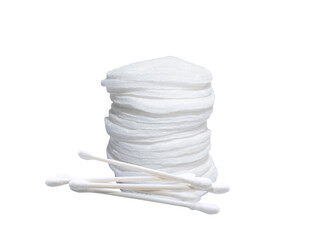 Cotton pads and swabs stacked together on a white background, showcasing essential beauty and personal care items for skincare routines and makeup application
