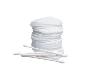 Cotton pads and swabs stacked together on a white background, showcasing essential beauty and personal care items for skincare routines and makeup application