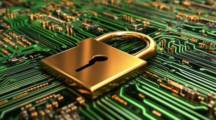 Golden padlock on circuit board symbolizes strong digital security, encryption, and data protection in modern technology systems and online networks.