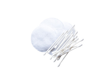 Cotton pads and swabs stacked together on a white background, showcasing essential beauty and personal care items for skincare routines and makeup application